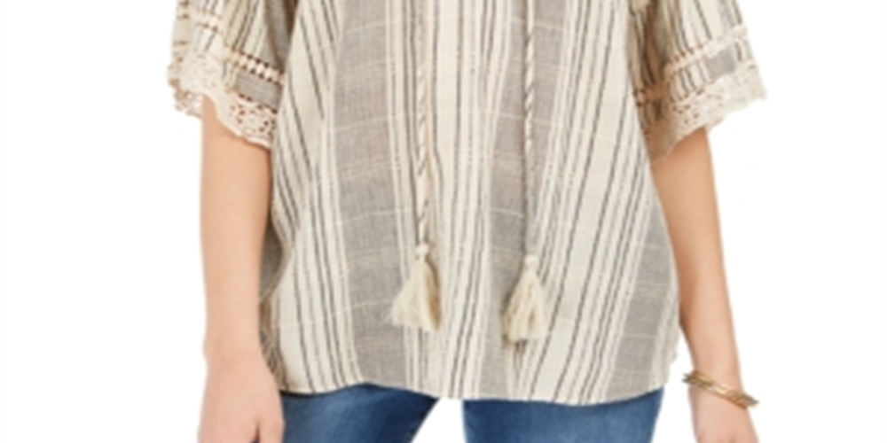 Blusa feminina estilo camponesa listrada de algodão com borlas, tamanho pequeno, branca