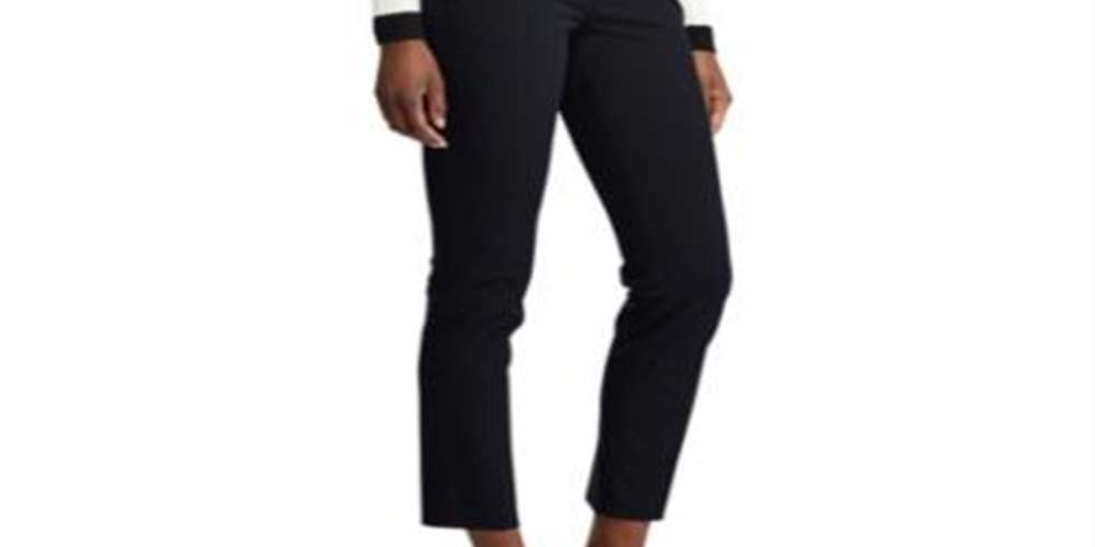 Calça reta elástica feminina Ralph Lauren, preta, tamanho 14, pequena