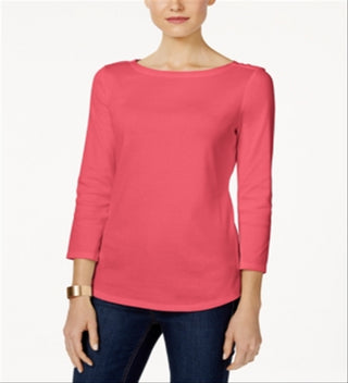 Charter Club Top feminino de algodão Pima com decote canoa e botões, tamanho XX-G, vermelho