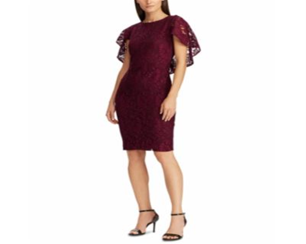 Vestido de renda com sobreposição de capa Ralph Lauren feminino, tamanho 2, cor merlot