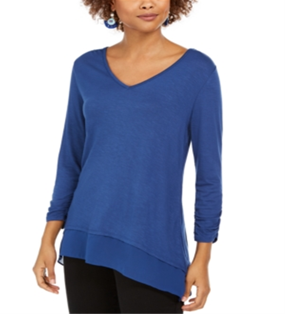 Blusa feminina estilo &amp; co com decote em V e bainha de chiffon, azul, tamanho médio