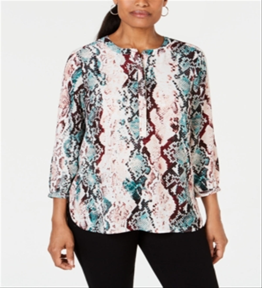 JM Collection Blusa feminina estampada com manga 3/4, branca, tamanho pequeno P/M