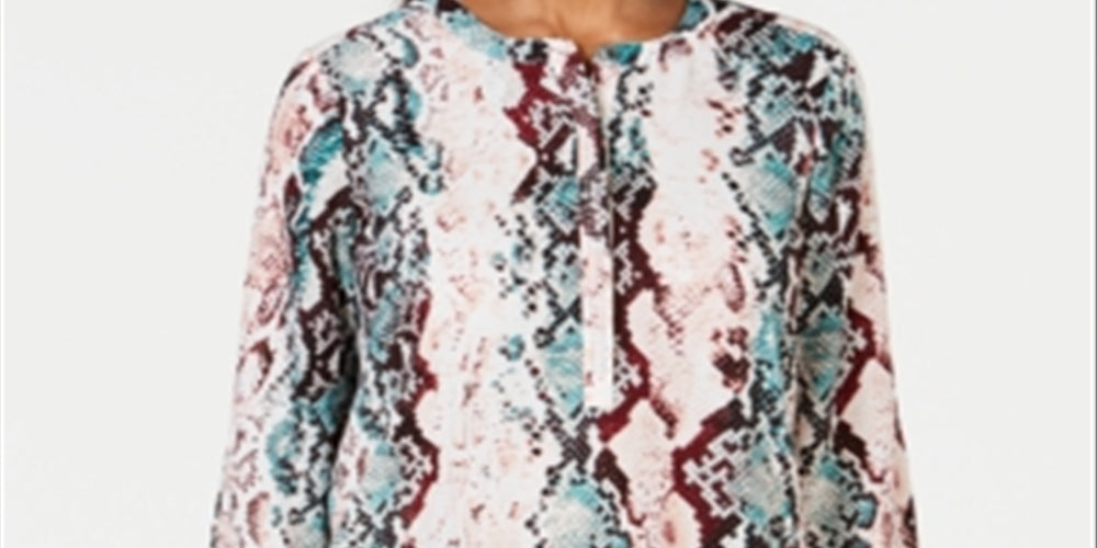 JM Collection Blusa feminina estampada com manga 3/4, branca, tamanho pequeno P/M