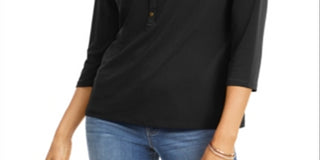 Blusa polo feminina Charter Club, preta, tamanho pequeno e pequeno