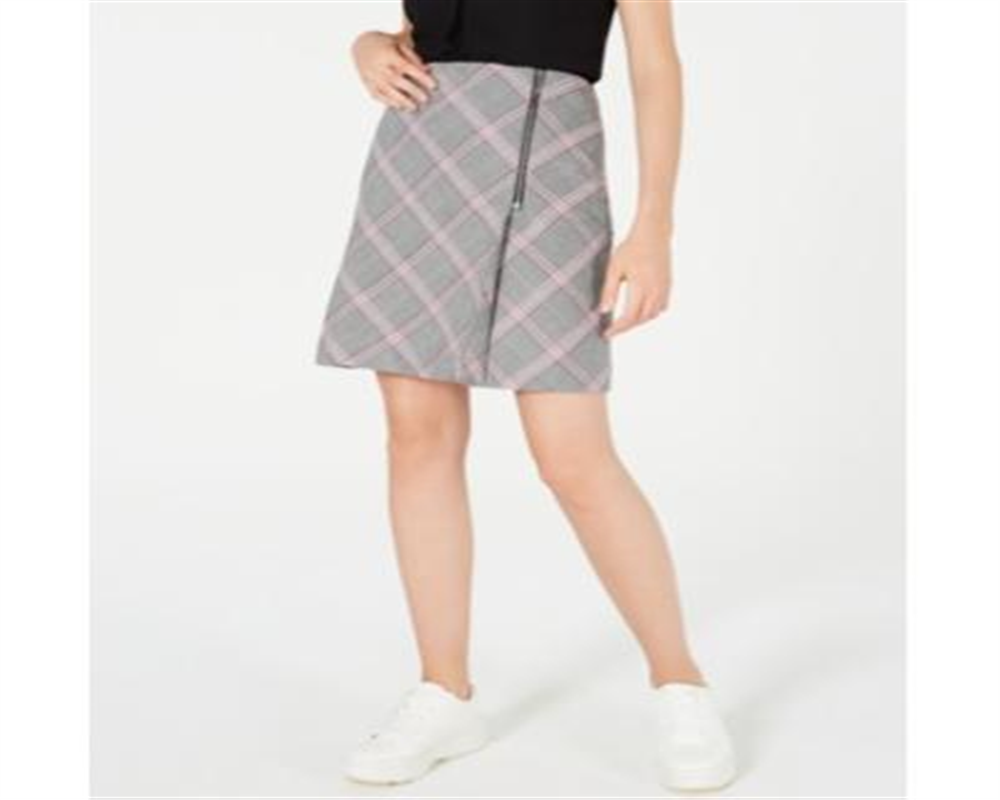 Saia xadrez feminina Bar III com zíper e detalhes, preta/vermelha, tamanho 14