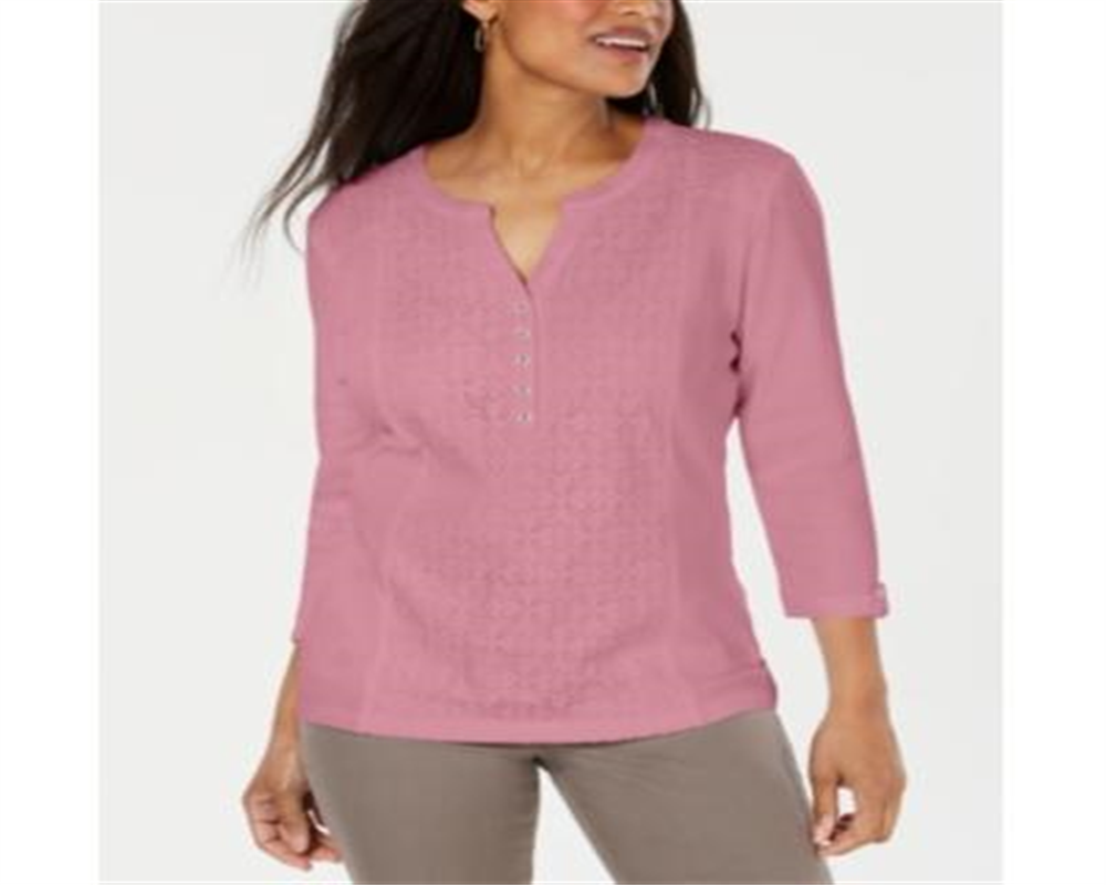 Karen Scott Top Henley Feminino com Renda Frontal Rosa Tamanho P