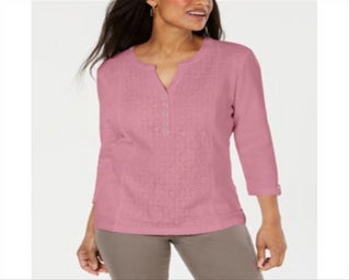 Karen Scott Top Henley Feminino com Renda Frontal Rosa Tamanho P