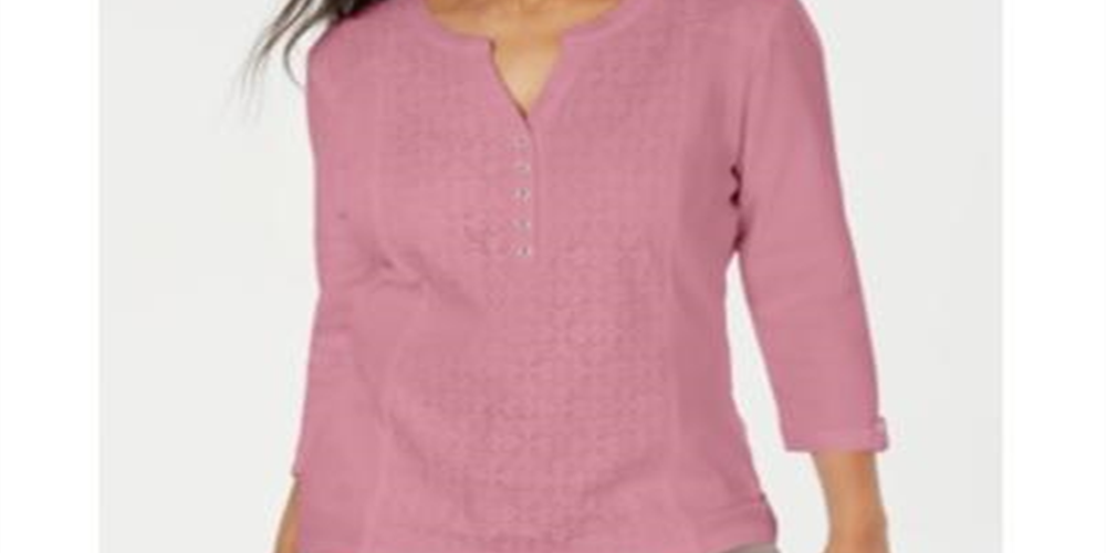 Karen Scott Top Henley Feminino com Renda Frontal Rosa Tamanho P
