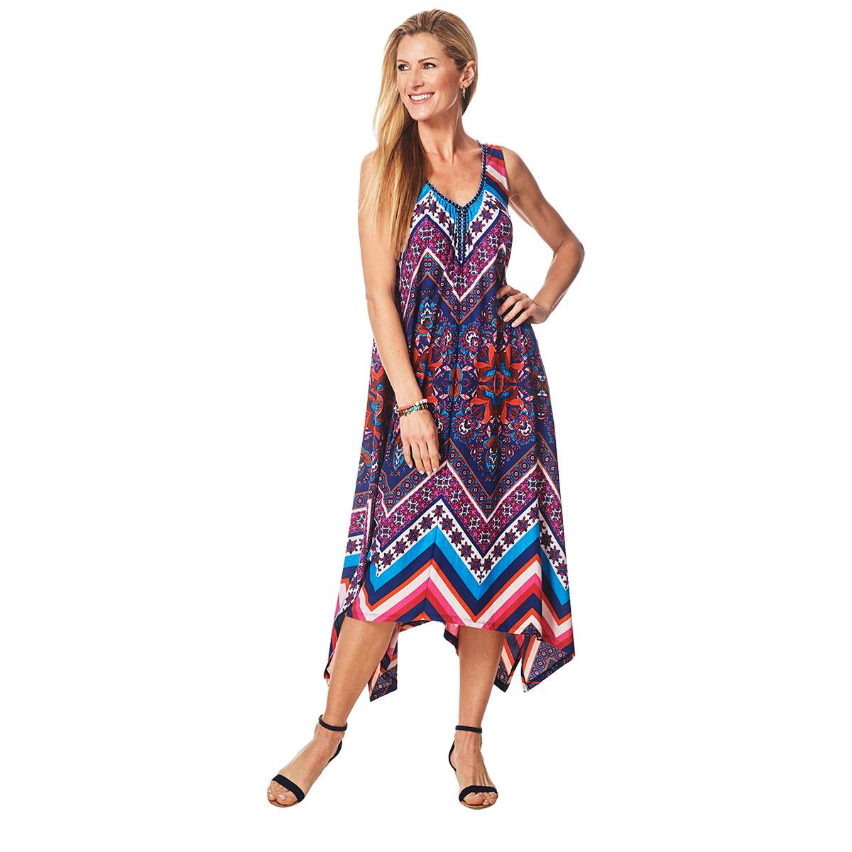 Vestido de malha estampado feminino John Paul Richard, azul marinho, tamanho G