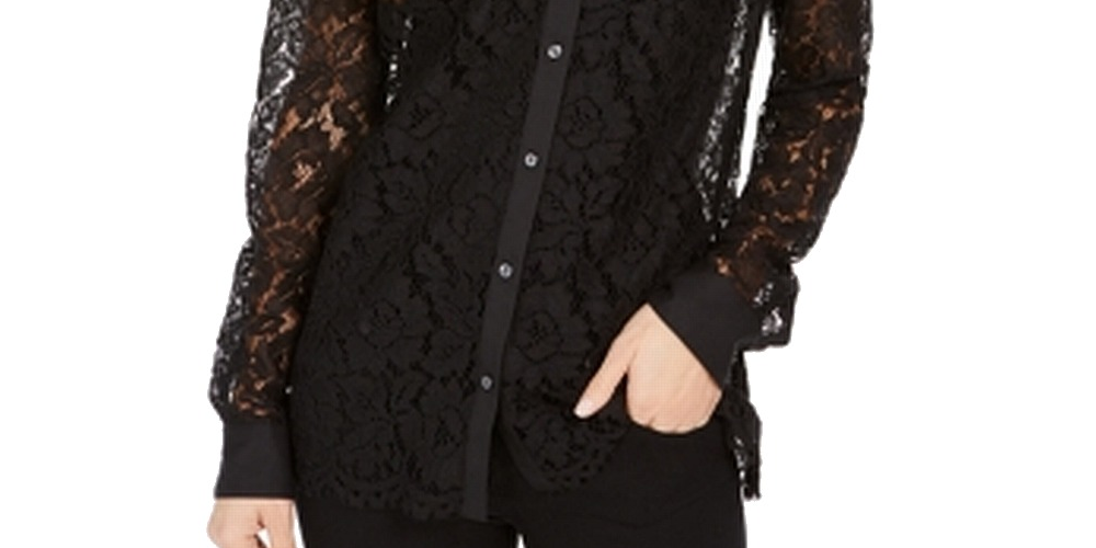 Blusa feminina Charter Club com botões e renda, preta, tamanho X-S