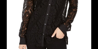 Blusa feminina Charter Club com botões e renda, preta, tamanho X-S