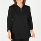 Karen Scott Blusa feminina de algodão com gola alta e zíper, preta, tamanho pequeno