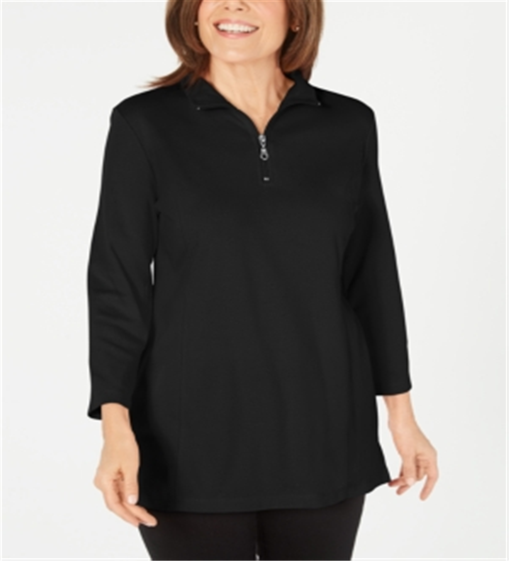 Karen Scott Blusa feminina de algodão com gola alta e zíper, preta, tamanho pequeno