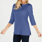 Karen Scott Blusa de malha feminina de algodão com decote canoa e manga 3/4, azul, tamanho XX-G