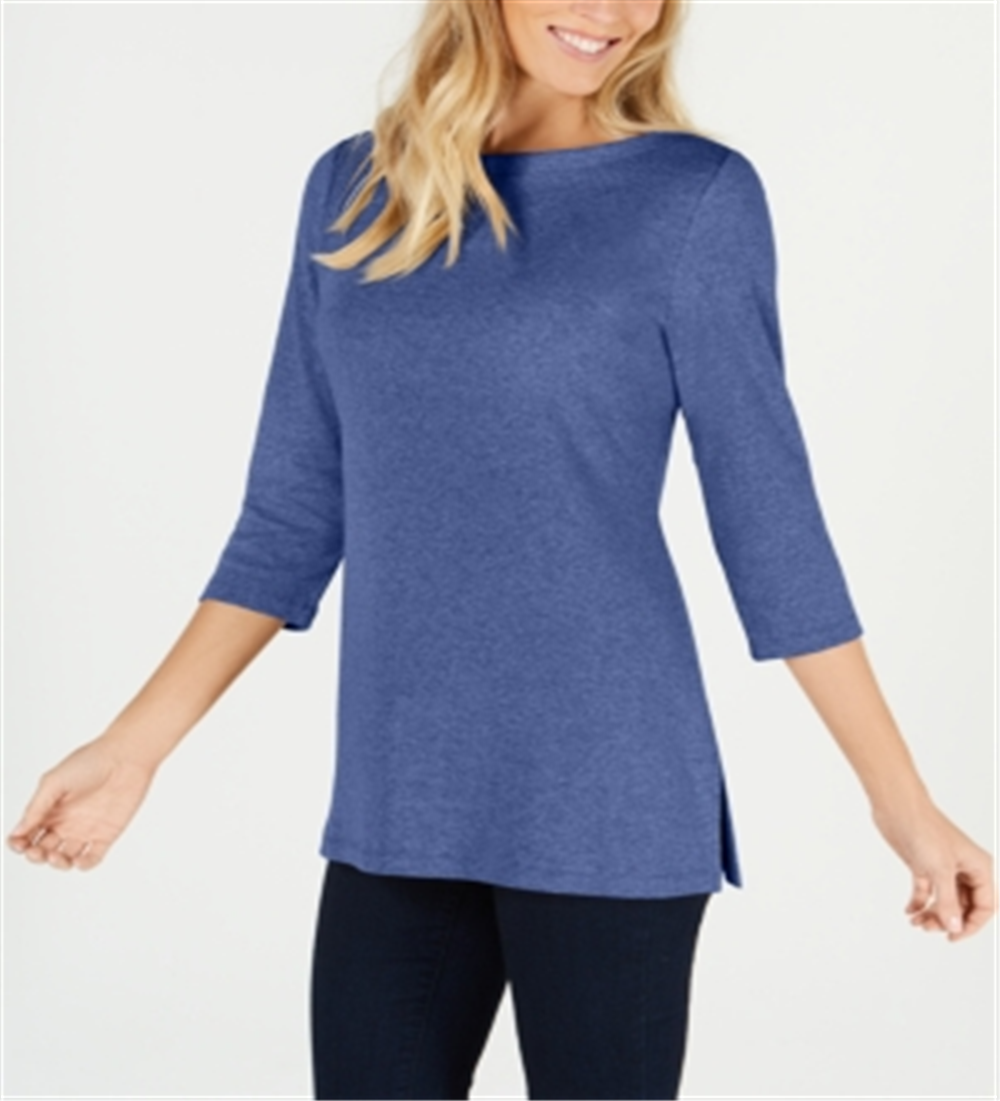 Karen Scott Blusa de malha feminina de algodão com decote canoa e manga 3/4, azul, tamanho XX-G
