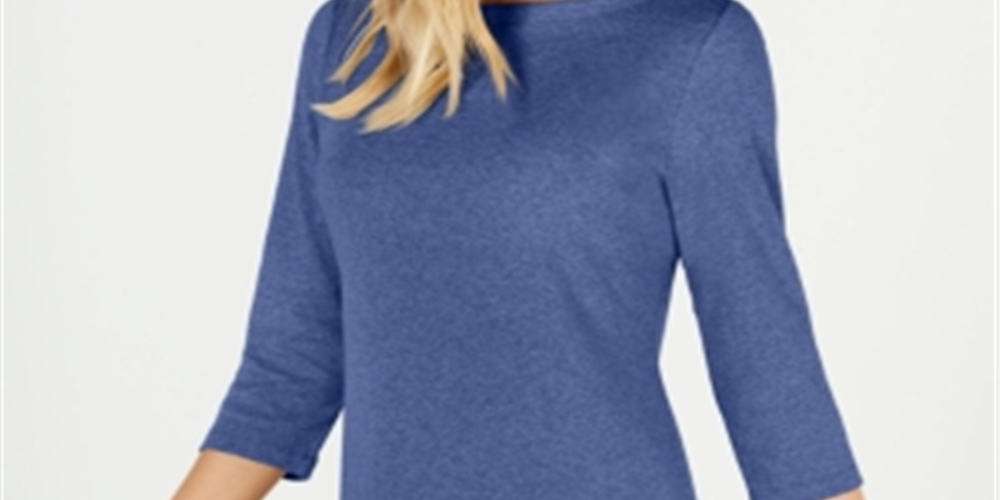 Karen Scott Blusa de malha feminina de algodão com decote canoa e manga 3/4, azul, tamanho XX-G