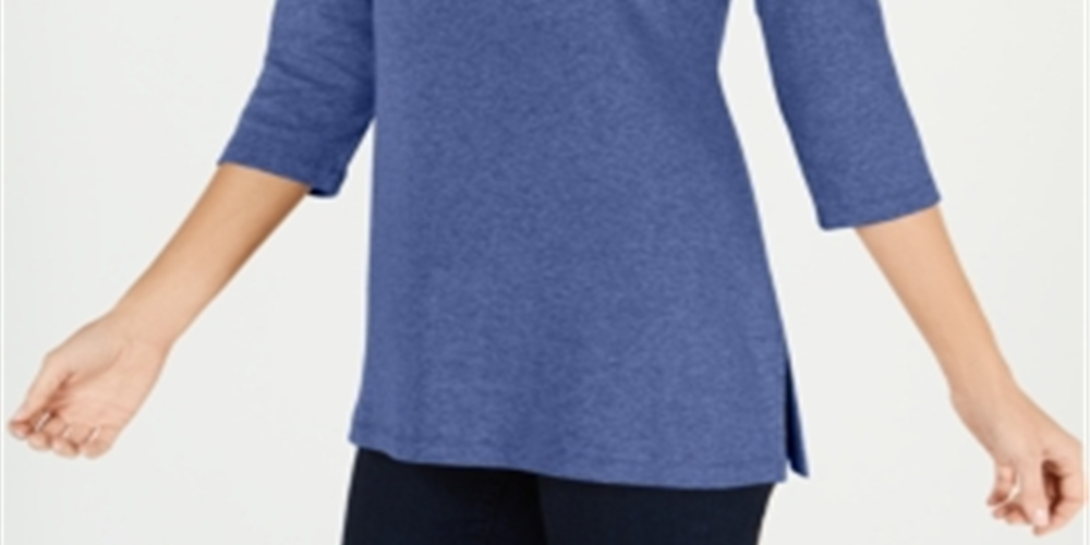 Karen Scott Blusa de malha feminina de algodão com decote canoa e manga 3/4, azul, tamanho XX-G