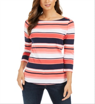 Charter Club Top feminino listrado de algodão Pima com botões e ombros, vermelho, tamanho pequeno