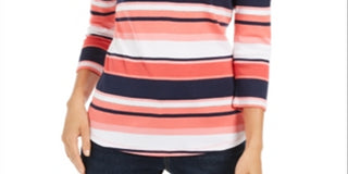 Charter Club Top feminino listrado de algodão Pima com botões e ombros, vermelho, tamanho pequeno