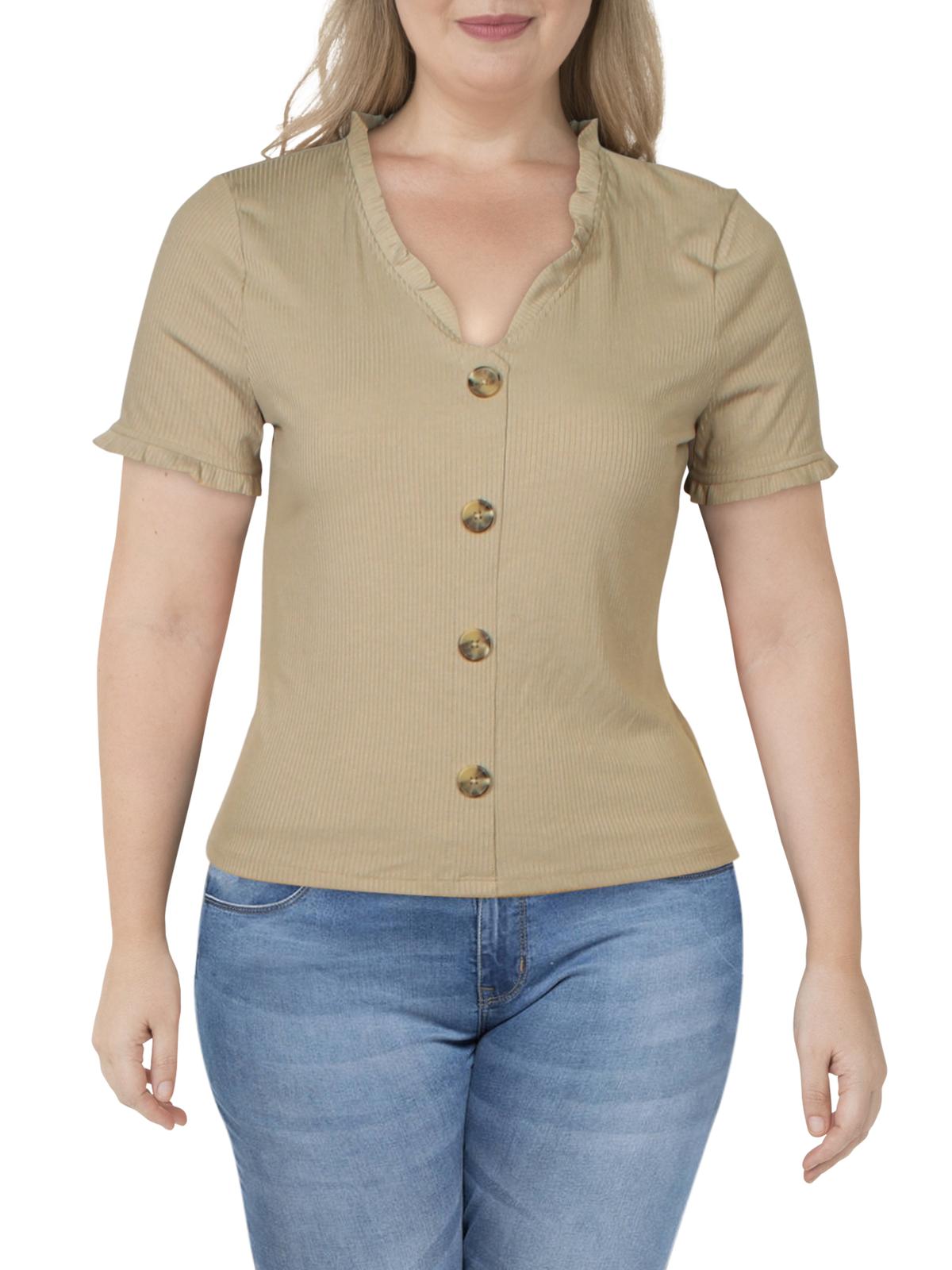 Blusa feminina American Rag com decote em V canelado, verde, tamanho extragrande