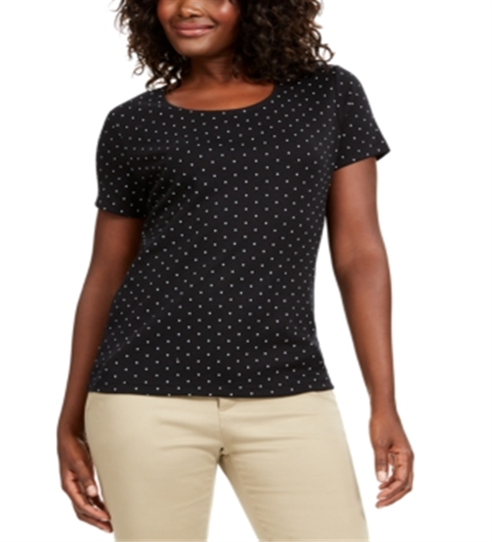 Camiseta feminina Karen Scott com estampa de bolinhas, preta e branca, tamanho XS