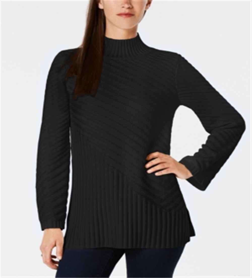 Suéter feminino de gola alta estampado Charter Club, preto, tamanho pequeno GG