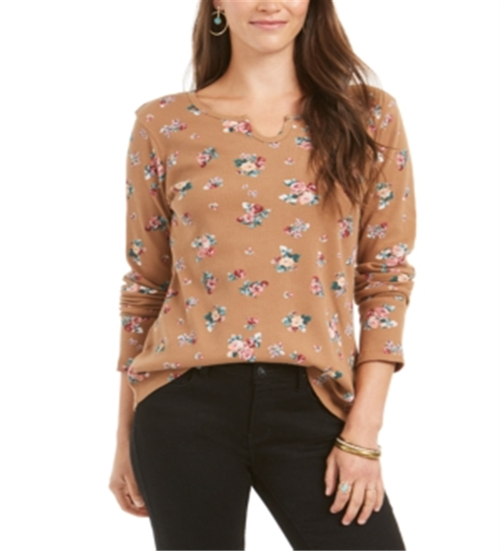 Blusa térmica feminina de algodão com gola dividida e estampa estilo &amp; co, marrom, tamanho médio