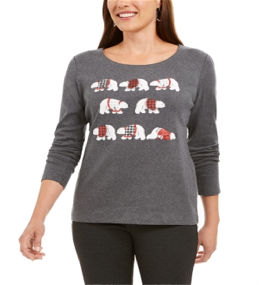Karen Scott Blusa Feminina de Algodão Polar Parade Graphic Cinza Tamanho Pequeno Grande