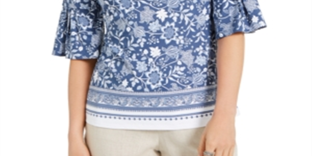 Blusa feminina Charter Club com estampa de malha e mangas franzidas, azul, tamanho médio