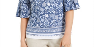 Blusa feminina Charter Club com estampa de malha e mangas franzidas, azul, tamanho médio