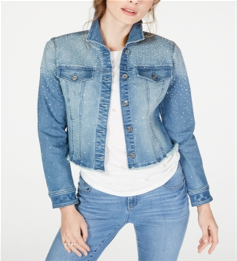 Jaqueta jeans feminina curta com strass da INC International Concepts, azul, tamanho pequeno