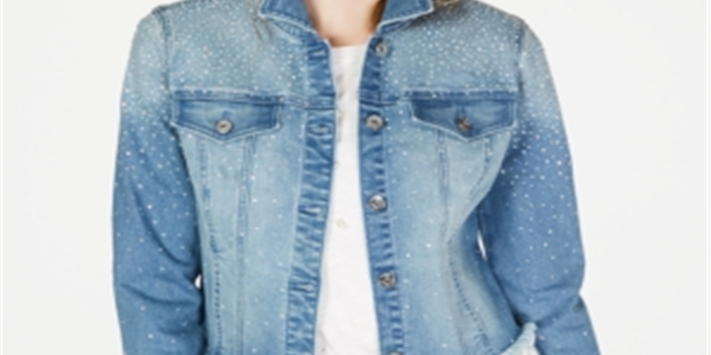 Jaqueta jeans feminina curta com strass da INC International Concepts, azul, tamanho pequeno