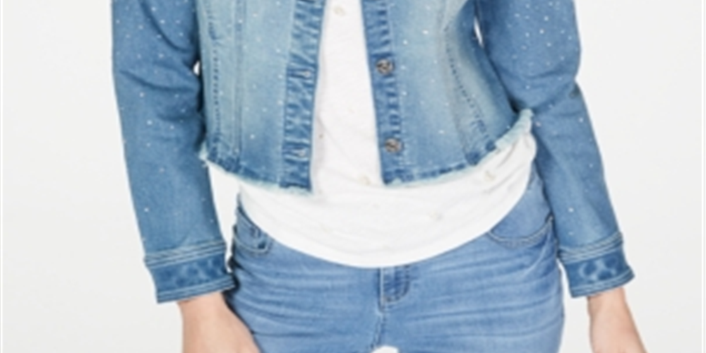 Jaqueta jeans feminina curta com strass da INC International Concepts, azul, tamanho pequeno