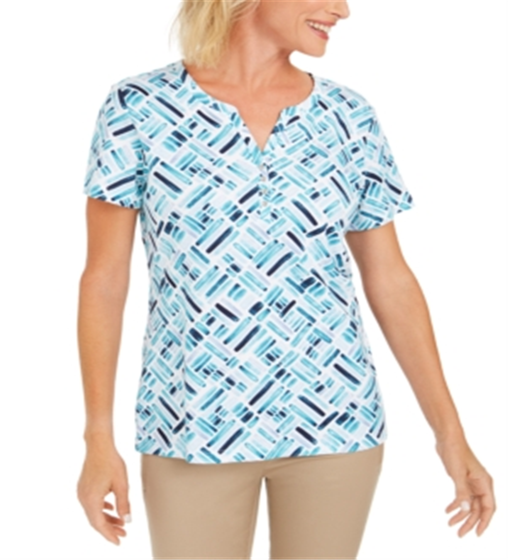 Karen Scott Blusa Henley Feminina Estampada Manga Curta Azul-Marinho Tamanho P