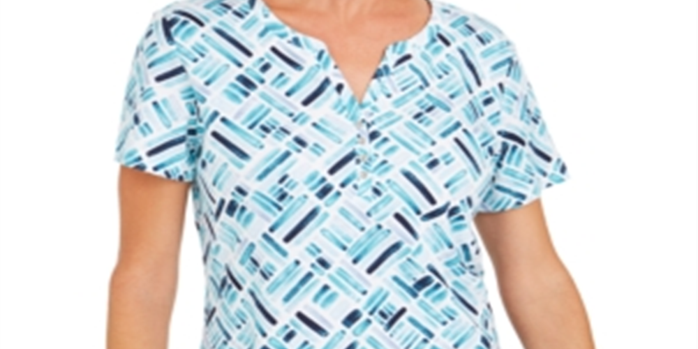 Karen Scott Blusa Henley Feminina Estampada Manga Curta Azul-Marinho Tamanho P