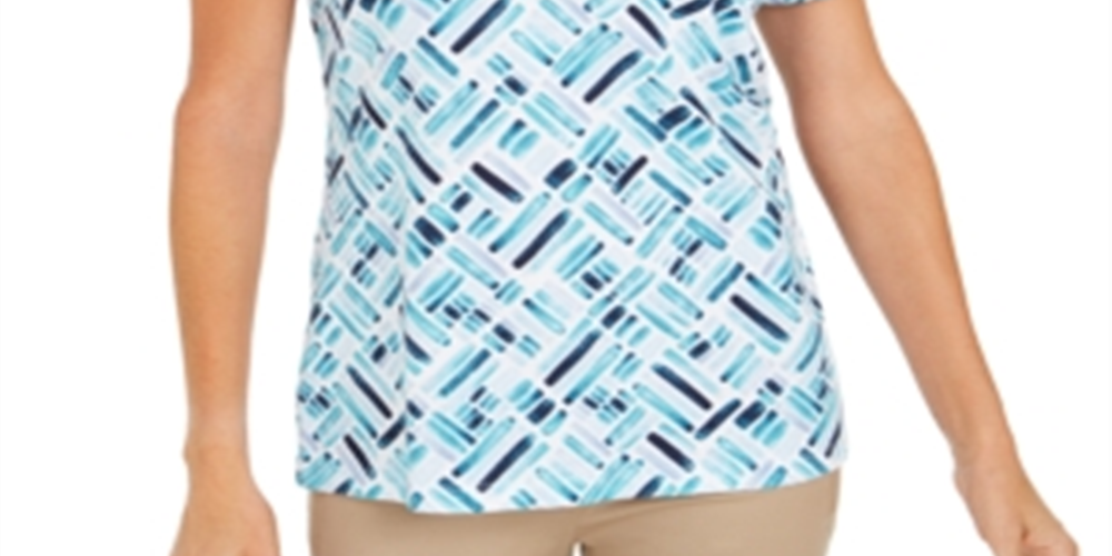 Karen Scott Blusa Henley Feminina Estampada Manga Curta Azul-Marinho Tamanho P