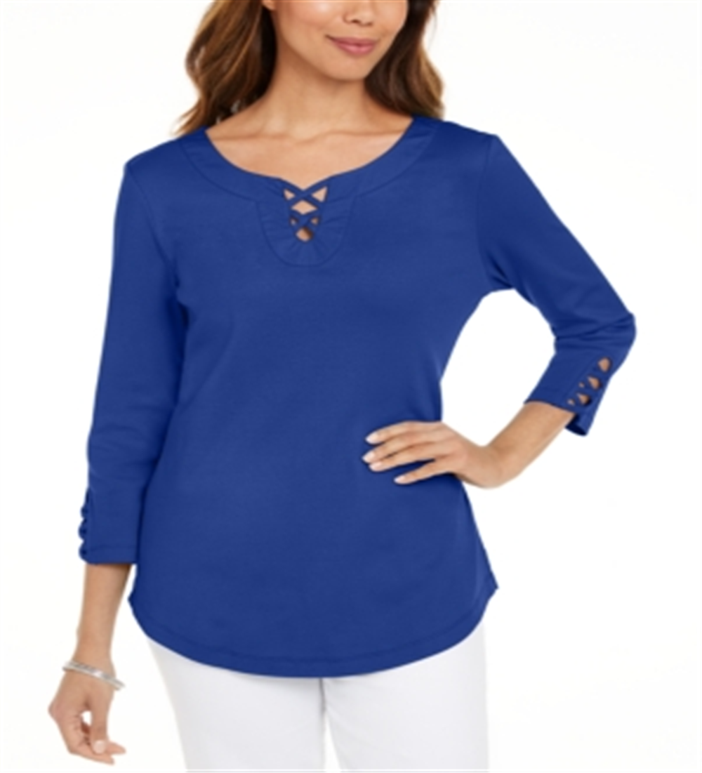 Camiseta feminina Karen Scott de algodão com cadarço, azul, tamanho pequeno