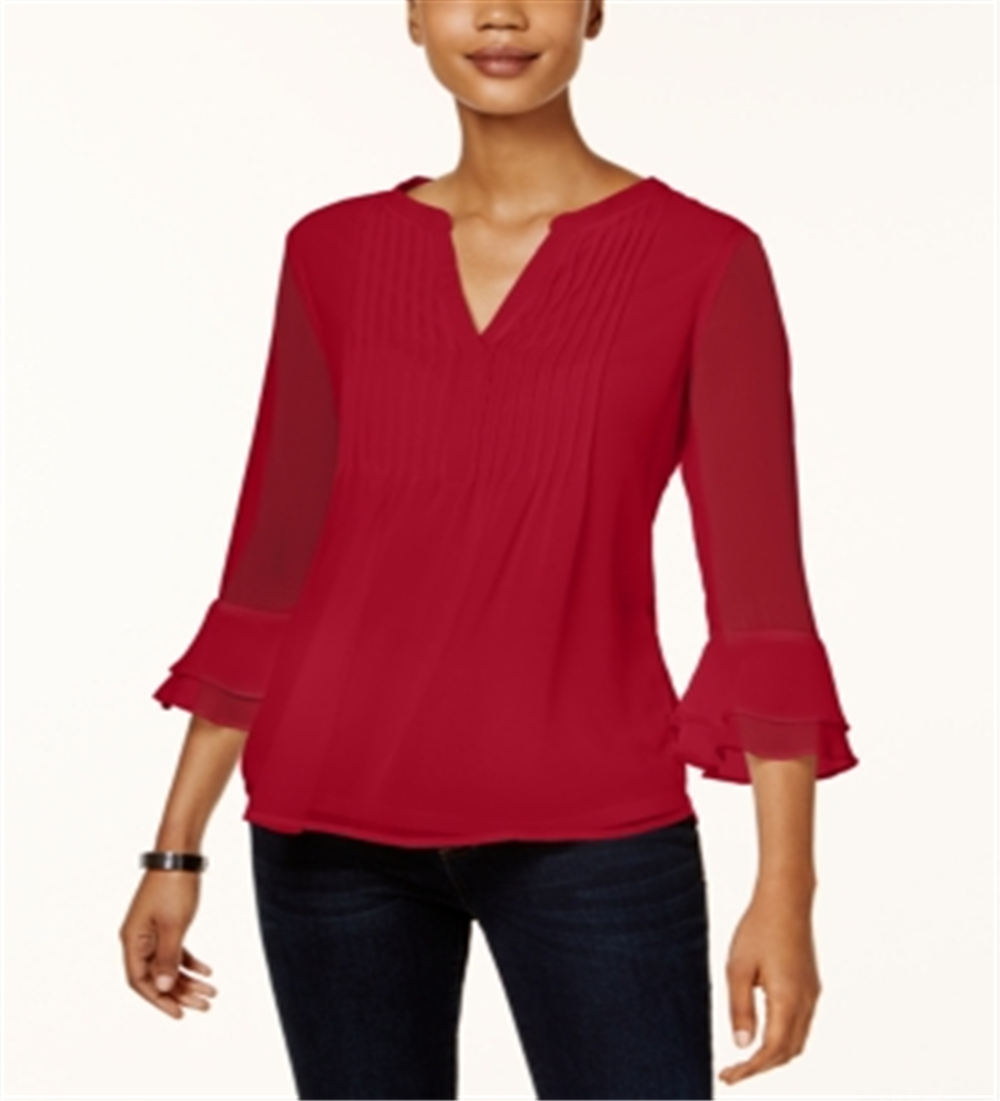 Charter Club Feminino Babados Duplos Sólidos Pintuck Top Vermelho Tamanho Pequeno Médio