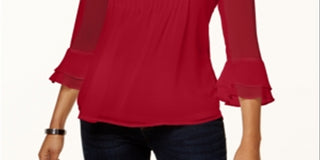 Charter Club Feminino Babados Duplos Sólidos Pintuck Top Vermelho Tamanho Pequeno Médio