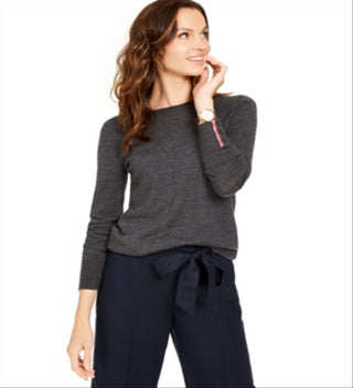 Suéter feminino Charter Club de lã merino com punho de botão e gola redonda, cinza, tamanho grande