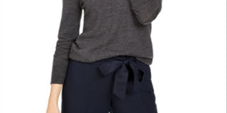 Suéter feminino Charter Club de lã merino com punho de botão e gola redonda, cinza, tamanho grande