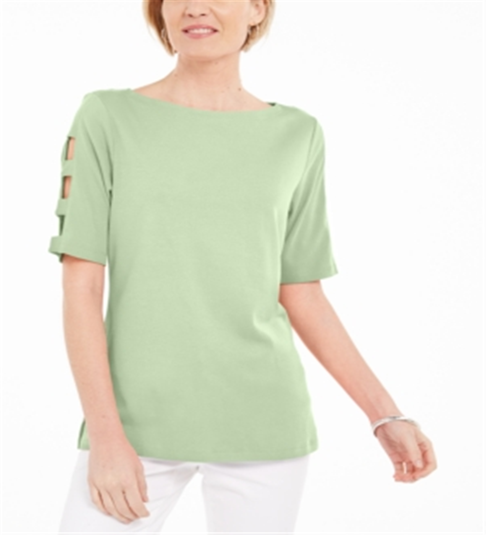 Blusa feminina Karen Scott de algodão com mangas recortadas, verde, tamanho X-S