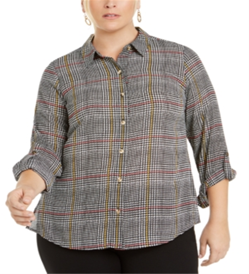 Camisa xadrez feminina Charter Club Plus com mangas dobradas, preta, tamanho 3XL