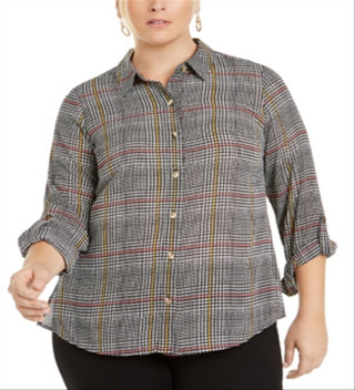 Camisa xadrez feminina Charter Club Plus com mangas dobradas, preta, tamanho 3XL