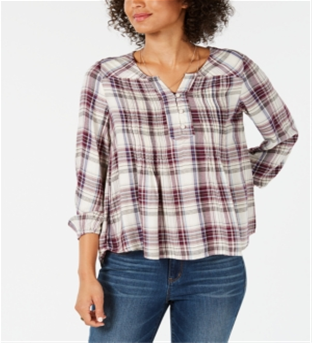 Blusa xadrez feminina estilo &amp; co, gola dividida, roxa, tamanho extrapequeno