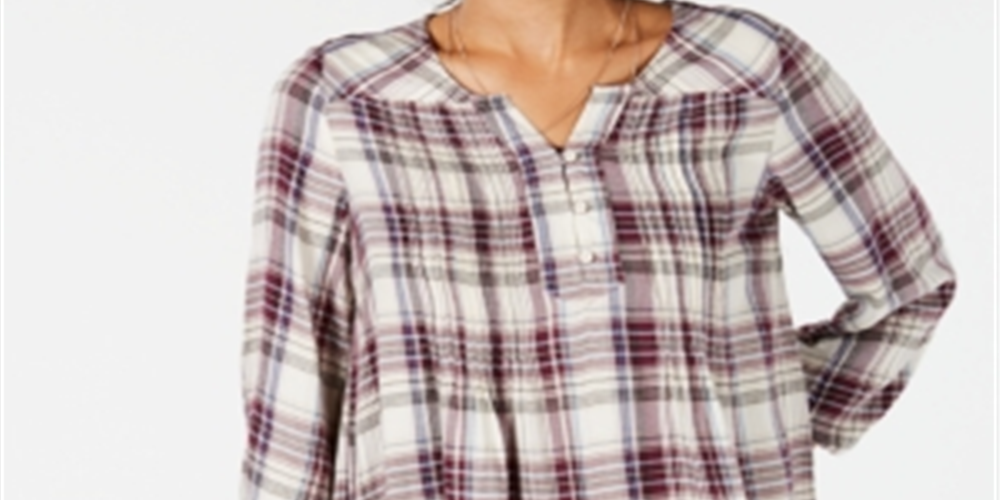 Blusa xadrez feminina estilo &amp; co, gola dividida, roxa, tamanho extrapequeno