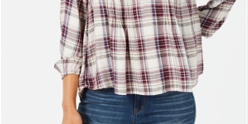 Blusa xadrez feminina estilo &amp; co, gola dividida, roxa, tamanho extrapequeno