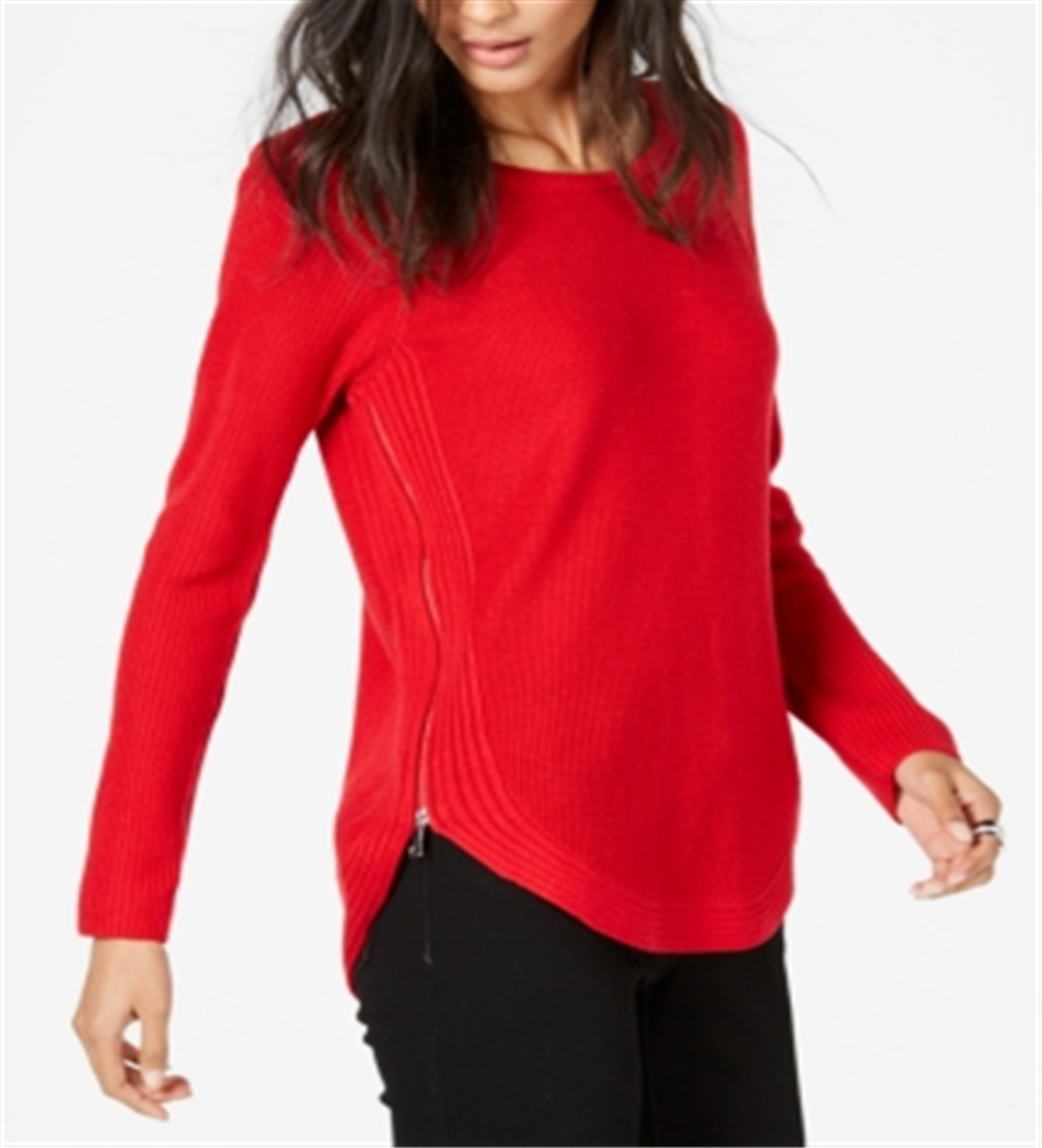 Suéter túnica feminino de malha waffle com zíper lateral, vermelho, tamanho pequeno P/M, da INC International Concepts