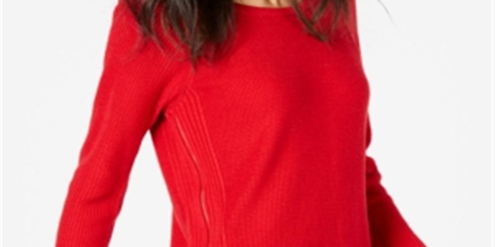 Suéter túnica feminino de malha waffle com zíper lateral, vermelho, tamanho pequeno P/M, da INC International Concepts