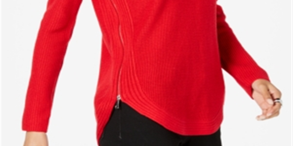 Suéter túnica feminino de malha waffle com zíper lateral, vermelho, tamanho pequeno P/M, da INC International Concepts
